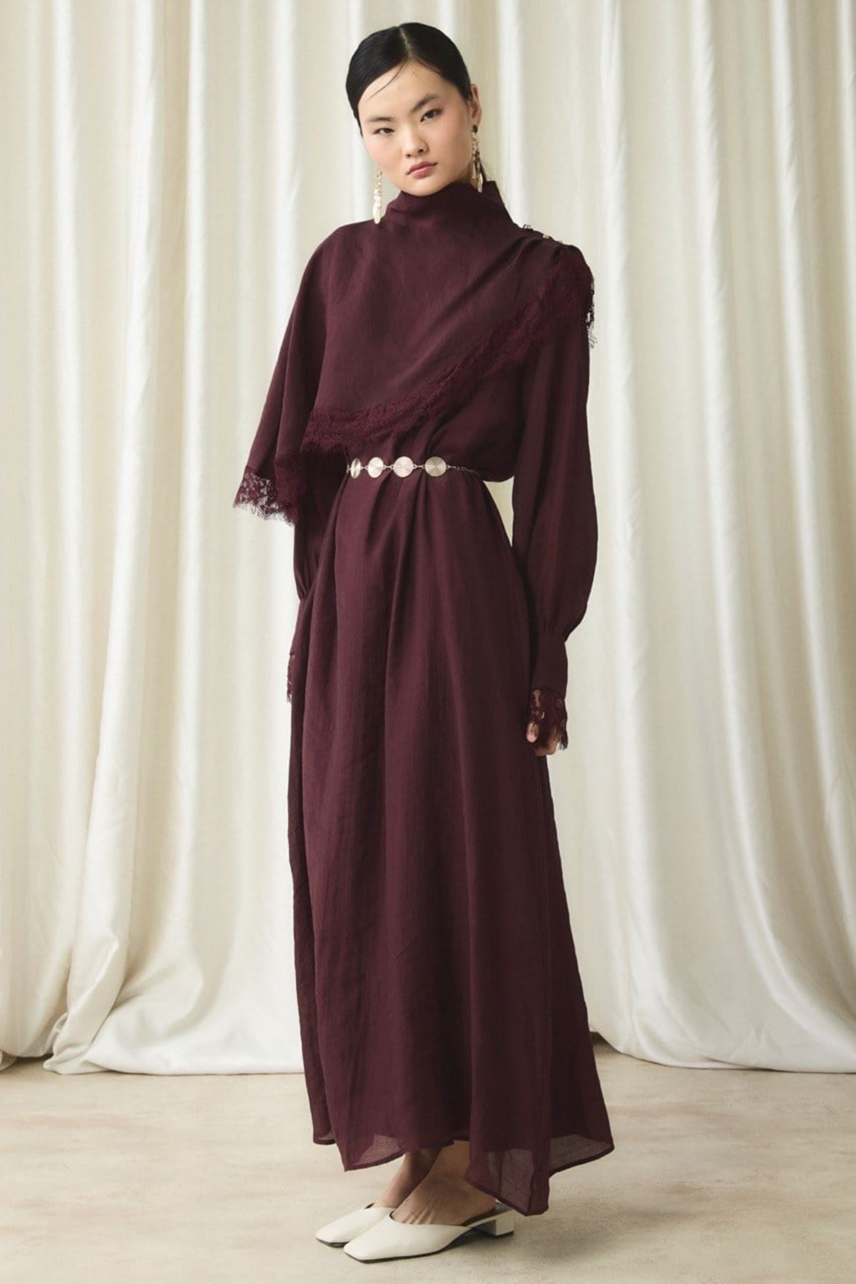  Aller Dantel Detaylı Elbise-Bordo