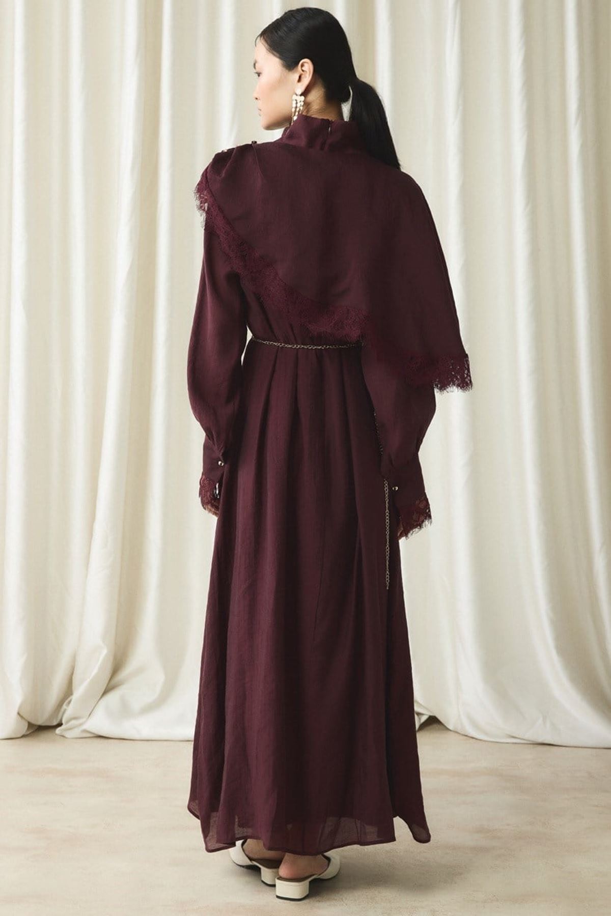  Aller Dantel Detaylı Elbise-Bordo