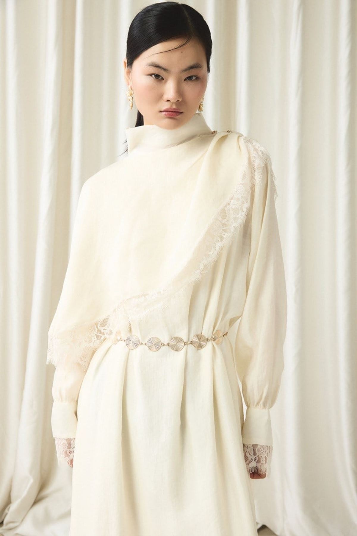  Aller Dantel Detaylı Elbise-Ekru