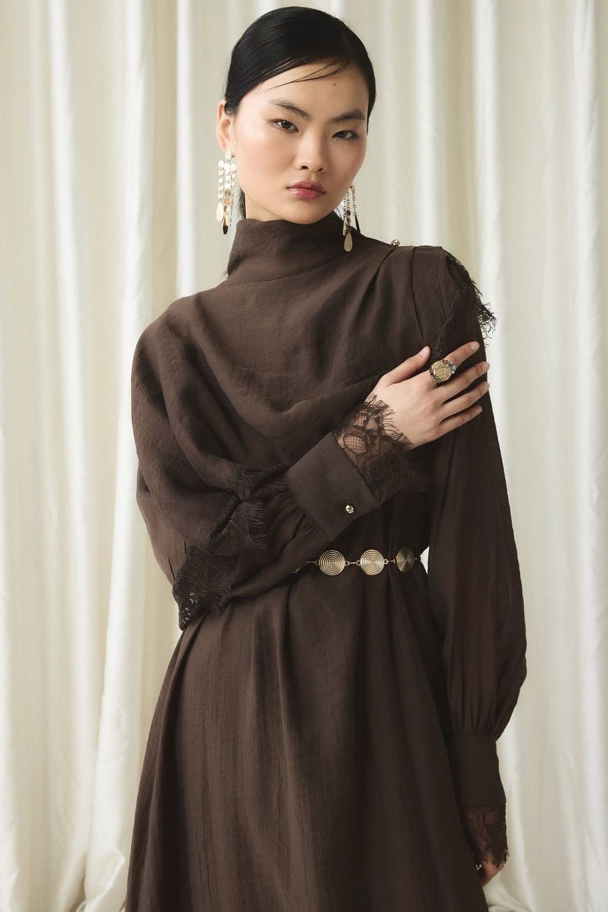  Aller Dantel Detaylı Elbise-Kahve