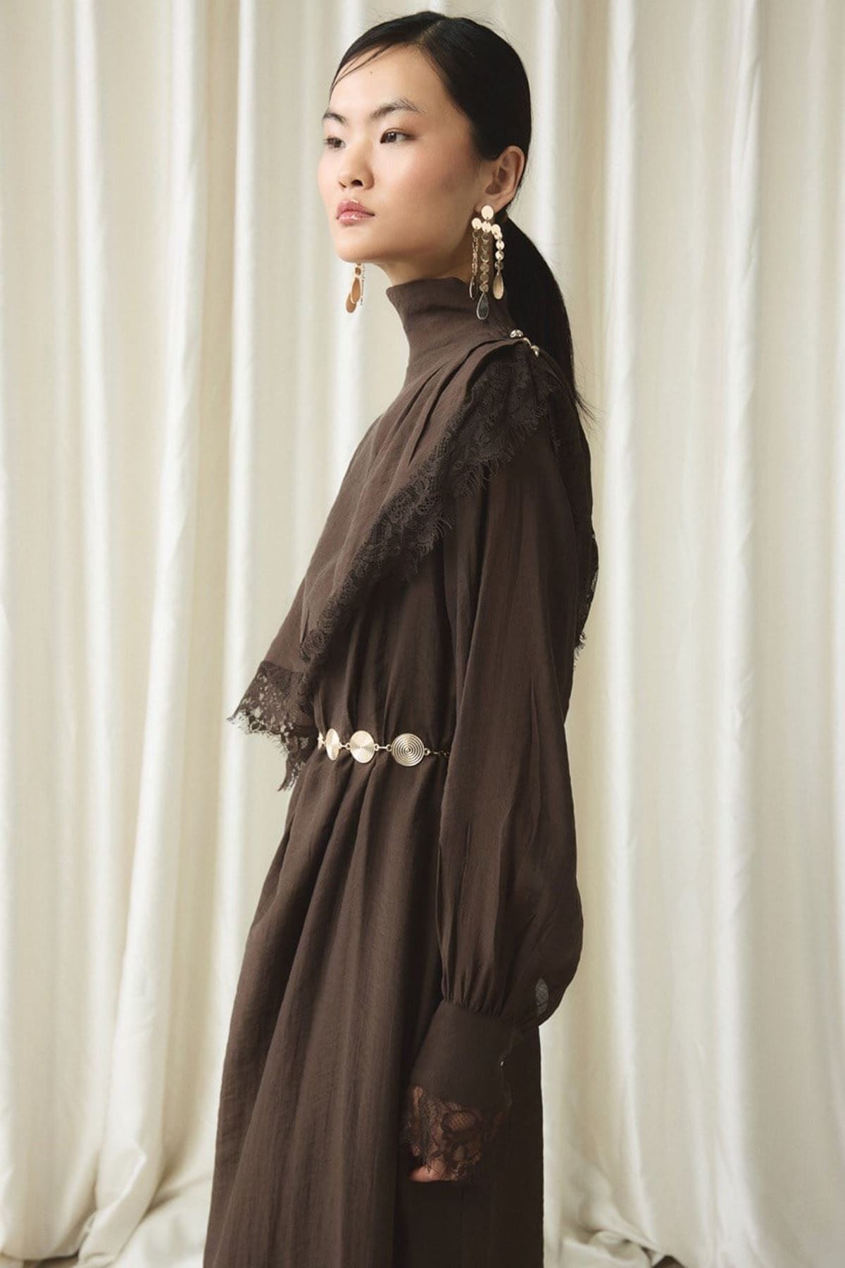  Aller Dantel Detaylı Elbise-Kahve