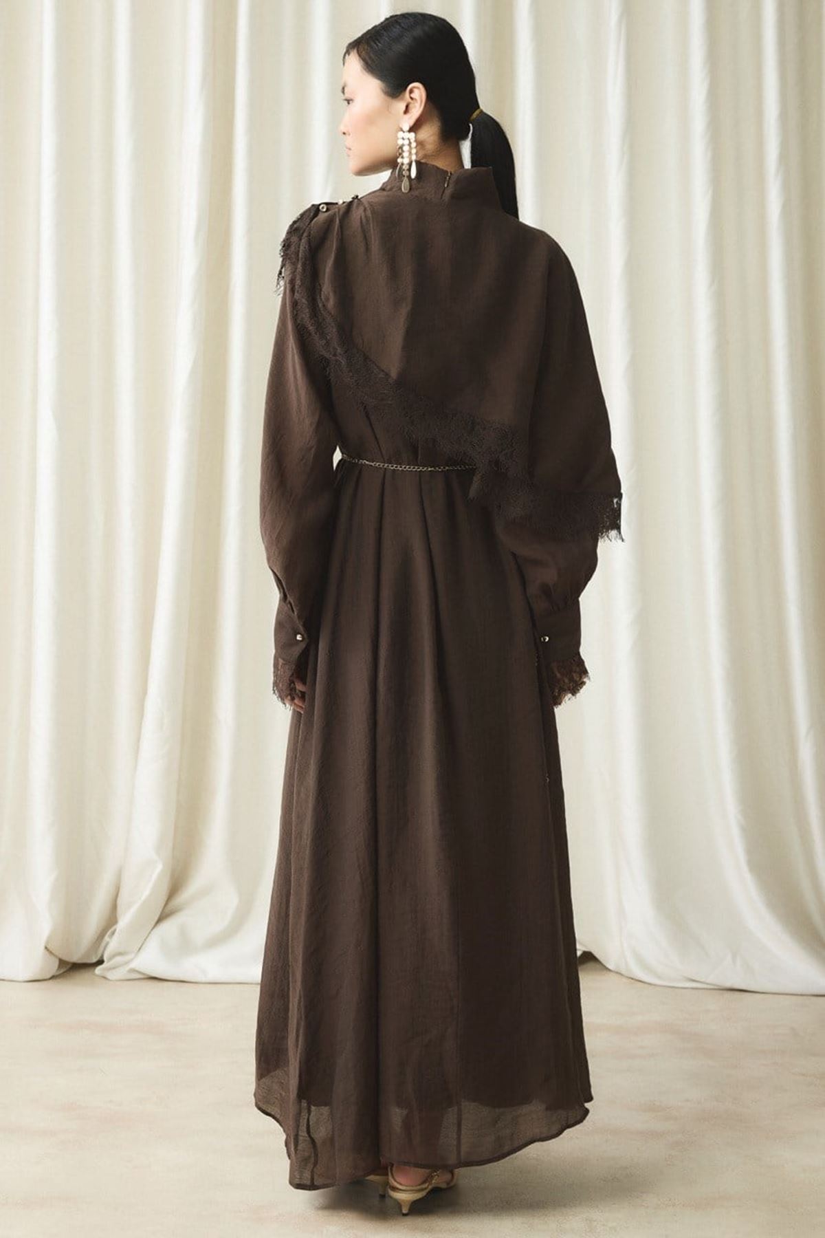  Aller Dantel Detaylı Elbise-Kahve