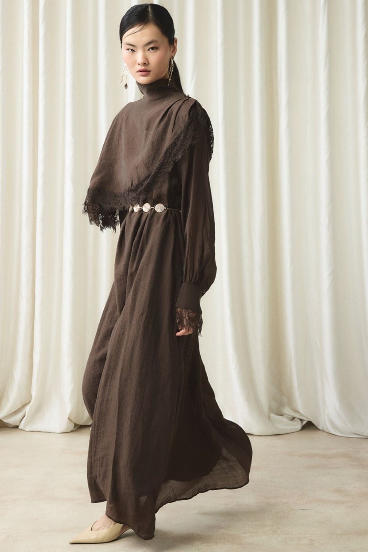  Aller Dantel Detaylı Elbise-Kahve