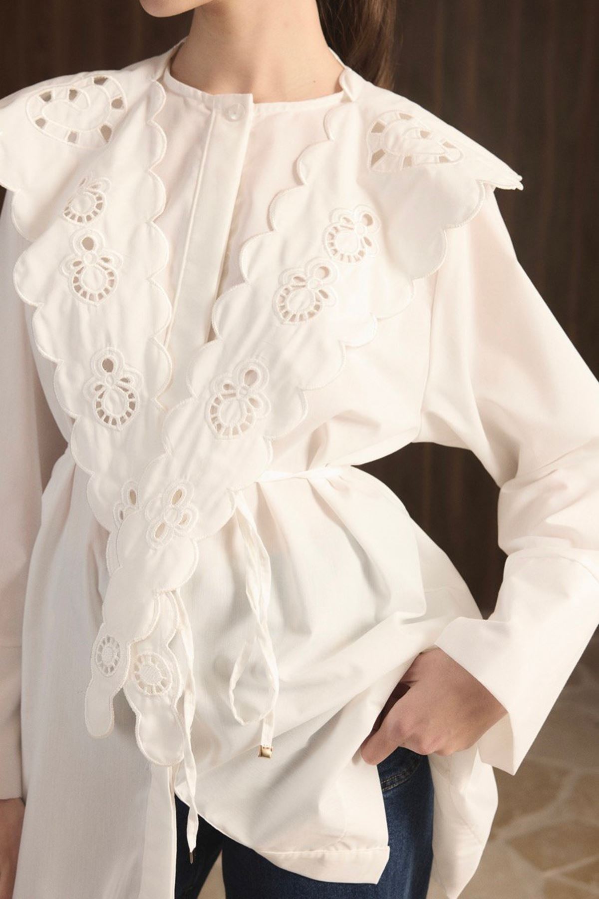 Yaka Nakışlı Dacron Gömlek Ekru