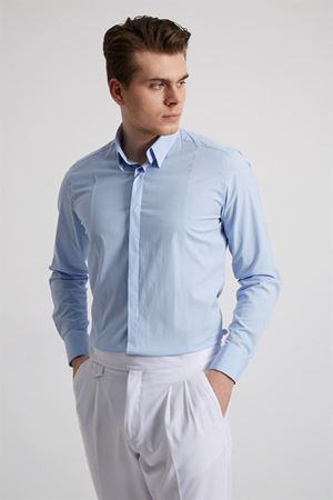 ERKEK PAMUK SATEN BASİC GÖMLEK SLIM FIT - BUZ MAVİSİ