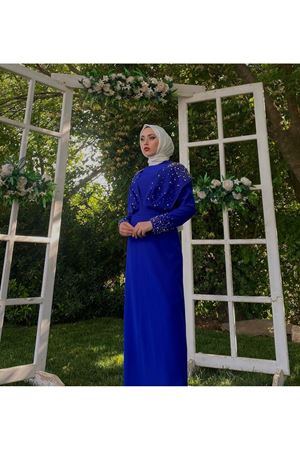 Pelerin İşlemeli Abiye-Saks