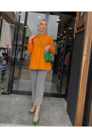 Omuz Taş Detaylı Kadın Tunik-Turuncu
