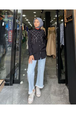  Taş İşlemeli Zincir Detay Tunik-Siyah