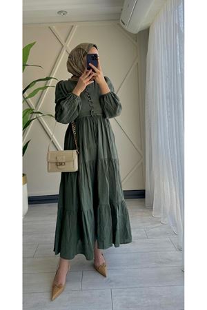 Tuğra Önden Düğmeli Muslin Elbise-yeşil