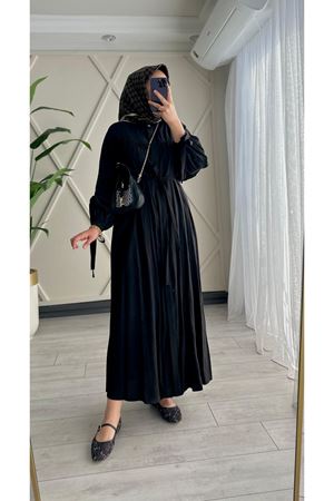 Tuğra gizli pat boydan düğmeli Elbise-Siyah