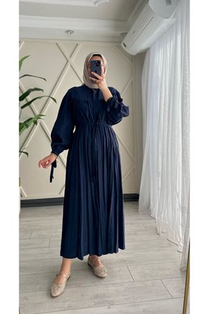 Tuğra gizli pat boydan düğmeli Elbise-Lacivert
