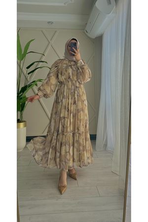 Tuğra ipek Şifon Elbise-Safran