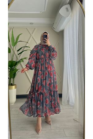 Tuğra İpek Şifon Elbise-Antrasit