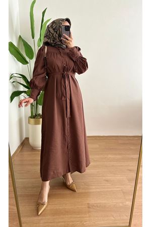 Tuğra Boydan Düğmeli Elbise-Kahve