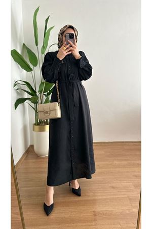 Tugra Boydan Düğmeli Elbise-Siyah