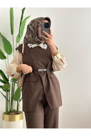 Tuğra Yelekli Pantolon Takım-Kahve