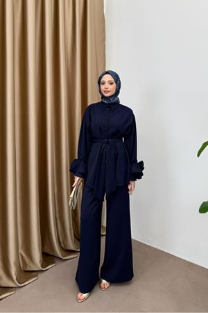 Volan Kol Çiçek Aksesuarlı Takım - Lacivert