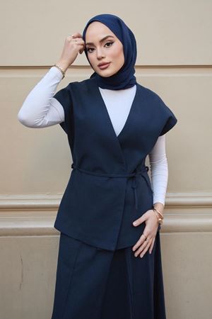 V Yaka Yelek Etekli Takım - Lacivert