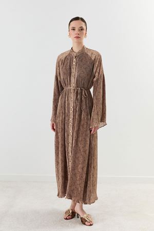 Briar Desenli Dik Piliseli Elbise - Yağ Yeşili