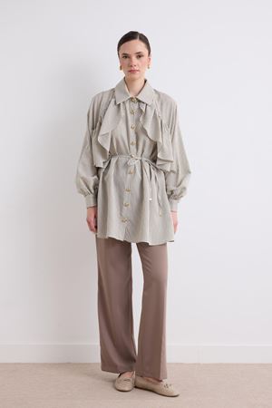 Daphne Ön Fırfır Detaylı Gold Düğme Gömlek - Haki