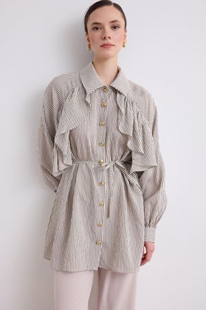 Daphne Ön Fırfır Detaylı Gold Düğme Gömlek - Kahve