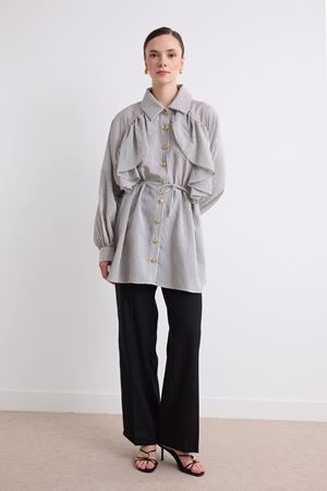 Daphne Ön Fırfır Detaylı Gold Düğme Gömlek - Siyah