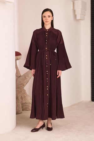 Elan Dik Piliseli Premium Elbise - Bordo