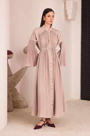 Elan Dik Piliseli Premium Elbise - Taş