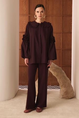 Shay Kol Ve Yakası Fırfırlı Gömlek - Bordo