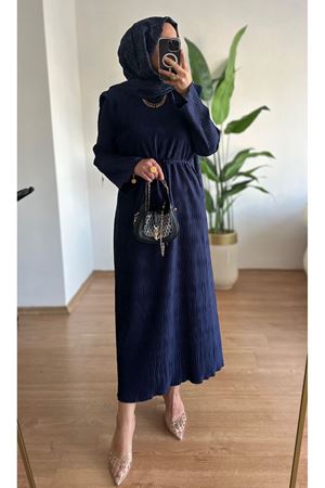 Aller Detaylı Saten Elbise-LACİVERT