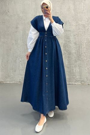  V Yaka Önü Düğmeli Jile-Koyu mavi