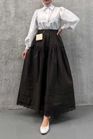 Şerit detaylı etek -Kahve