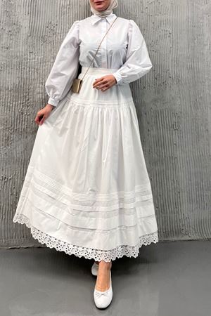 Şerit detaylı etek -beyaz