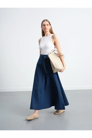 A KESİM ARKADAN FERMUARLI KUŞAKLI ETEK -koyumavi
