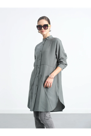  HAKİM YAKA ÖNDEN DİKİŞ DETAYLI LYOCELL UZUN TUNİK-Taş
