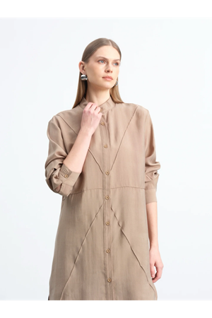  HAKİM YAKA ÖNDEN DİKİŞ DETAYLI LYOCELL UZUN TUNİK-Vizyon