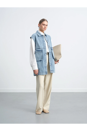 NDEN DÜĞMELİ TORBA CEPLİ DENİM YELEK -Açıkmavi