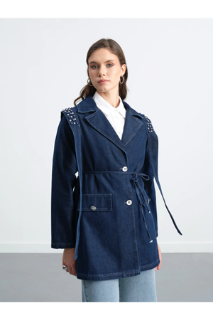 My Magazin 7294 Taş İşlemeli Uzun Kot Ceket