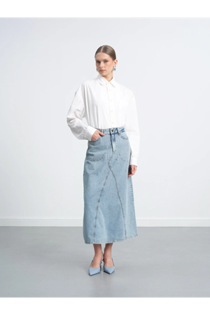  ÇAKMA TAŞ İŞLEMELİ CEPLİ DENİM ETEK-Açıkmavi