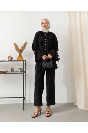  Keten Kol Bağıcıklı Takım-Siyah