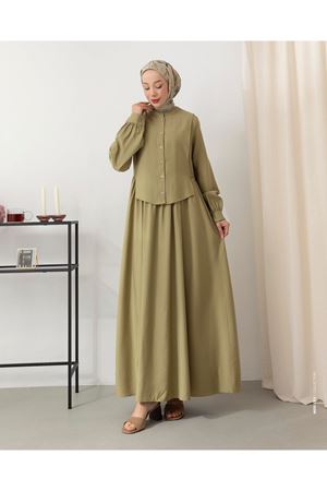 Yelek Detaylı Elbise-Haki