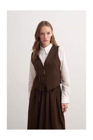 Yelekli Etekli Keten İkili Takım-Kahve