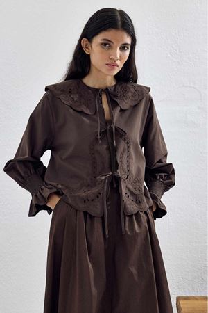 Kolları Gipe Detaylı Nakışlı Kahve Gömlek