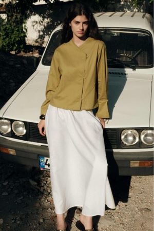 Birit Detaylı Lyocell Keten Safran Kimono