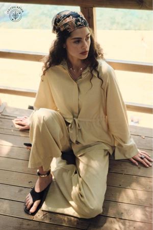 Lyocell Keten Beli Büzgülü Kum Beji Gömlek