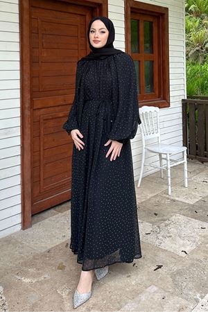 Rosalina Taşlı Şifon Elbise - Siyah