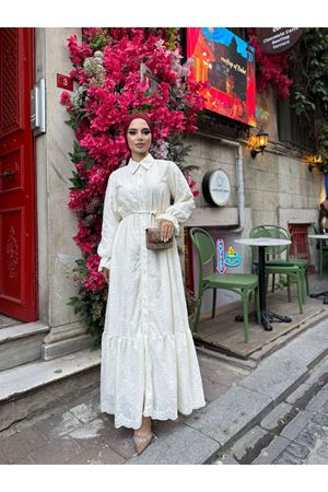 Güpürlü Boydan Keten Elbise-ekru