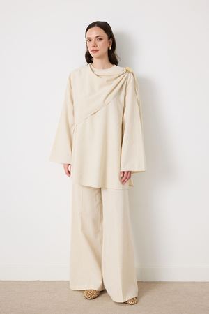 Siena Allerli Omuzda Broşlu Pantolon Takım - Taş