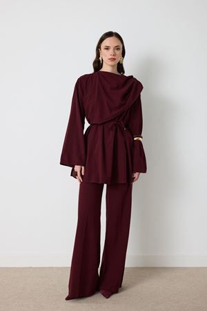 Siena Allerli Omuzda Broşlu Pantolon Takım - Bordo