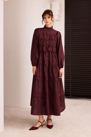 Cyrus Güpürlü Dantelli Elbise - Bordo